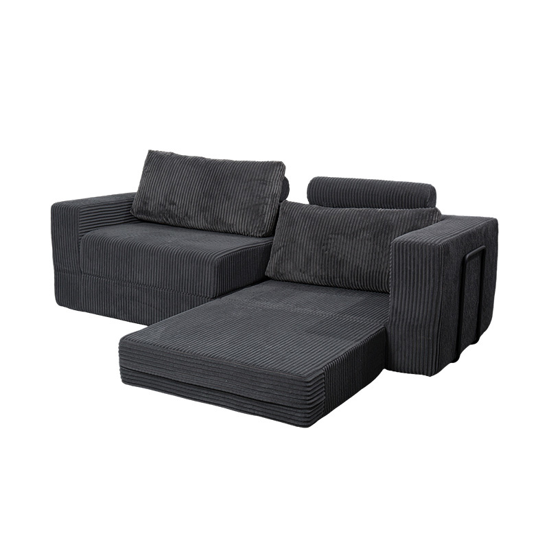 Moderne konvertibel sofa i mørkegrå fløjlsbukser med hynder, fleksibelt modulært layout Moderne konvertibel sofa i mørkegrå fløjlsbukser med hynder, fleksibelt modulært layout