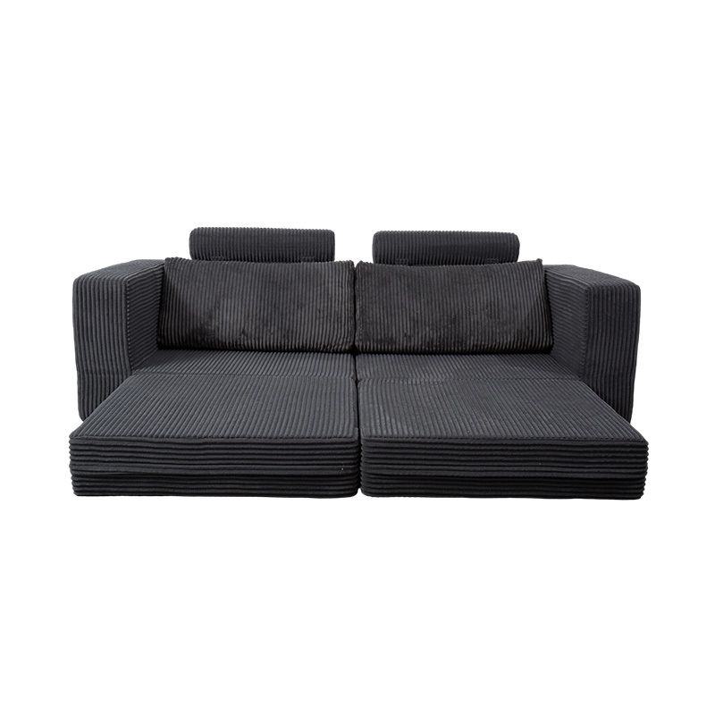 Moderne konvertibel sofa i mørkegrå fløjlsbukser med hynder, fleksibelt modulært layout Moderne konvertibel sofa i mørkegrå fløjlsbukser med hynder, fleksibelt modulært layout