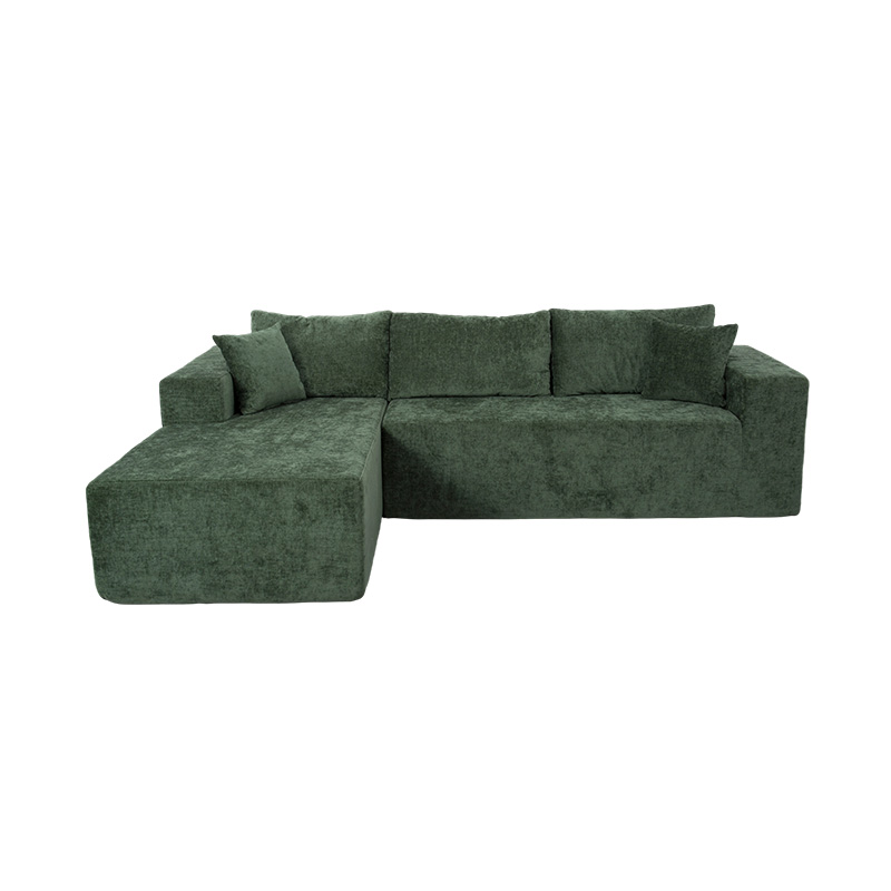Modulær L-formet hjørnesofa i smaragdgrøn fløjl med flere puder Modulær L-formet hjørnesofa i smaragdgrøn fløjl med flere puder